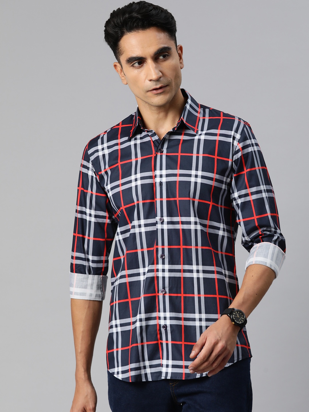 

Monsui Men Classic Opaque Checked Casual Shirt, Navy blue