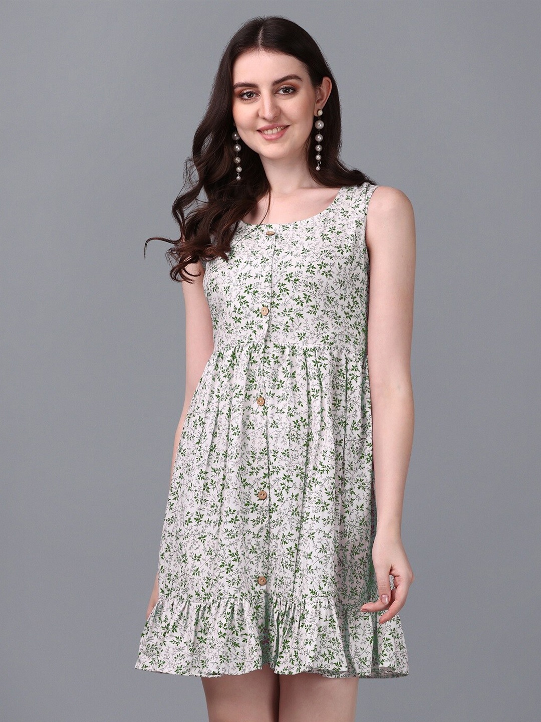 

WILNERCROWN Floral Printed Cotton Empire Dress, Green