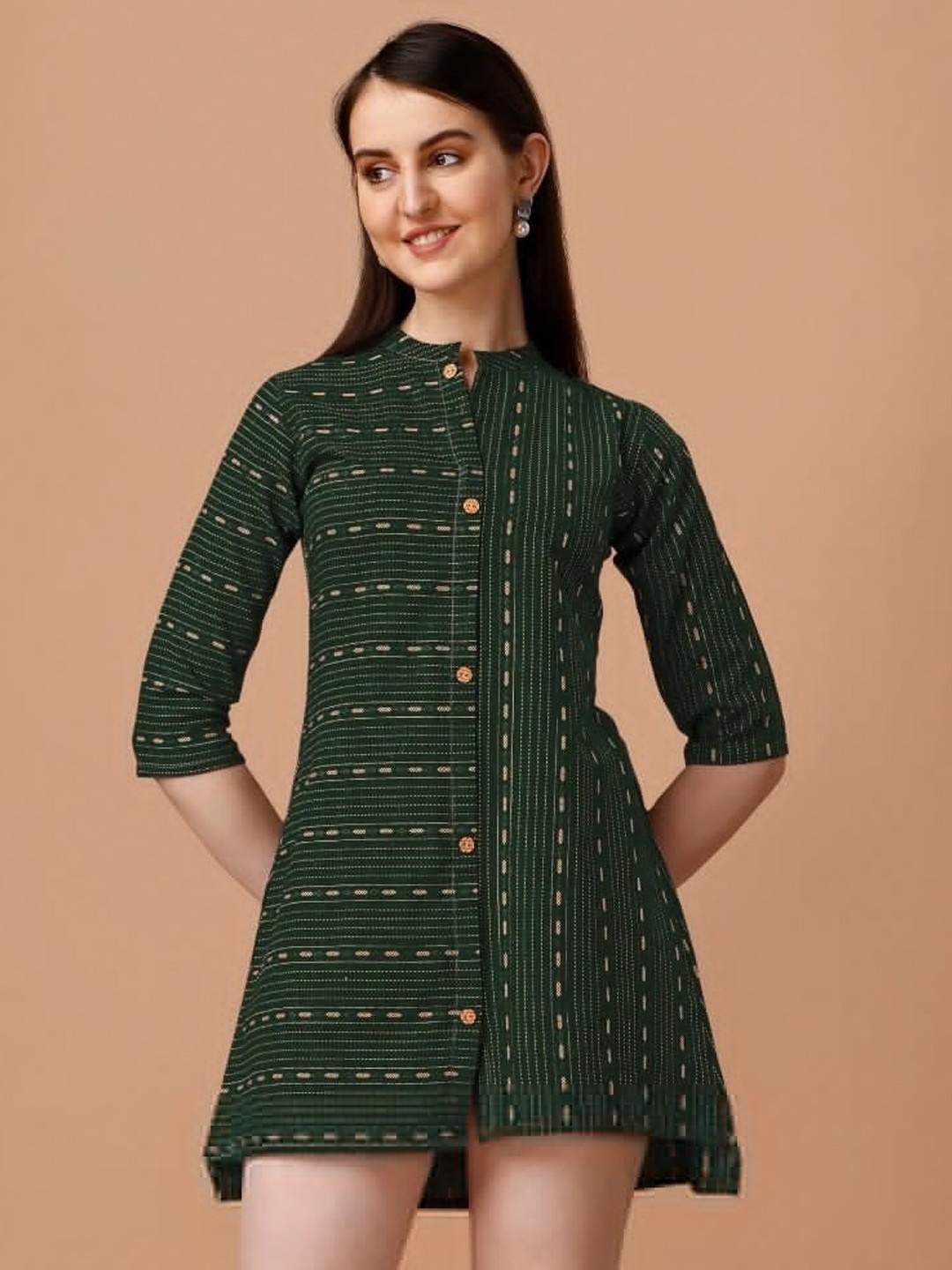 

WILNERCROWN Printed Mandarin Collar Cotton Shirt Dress, Green
