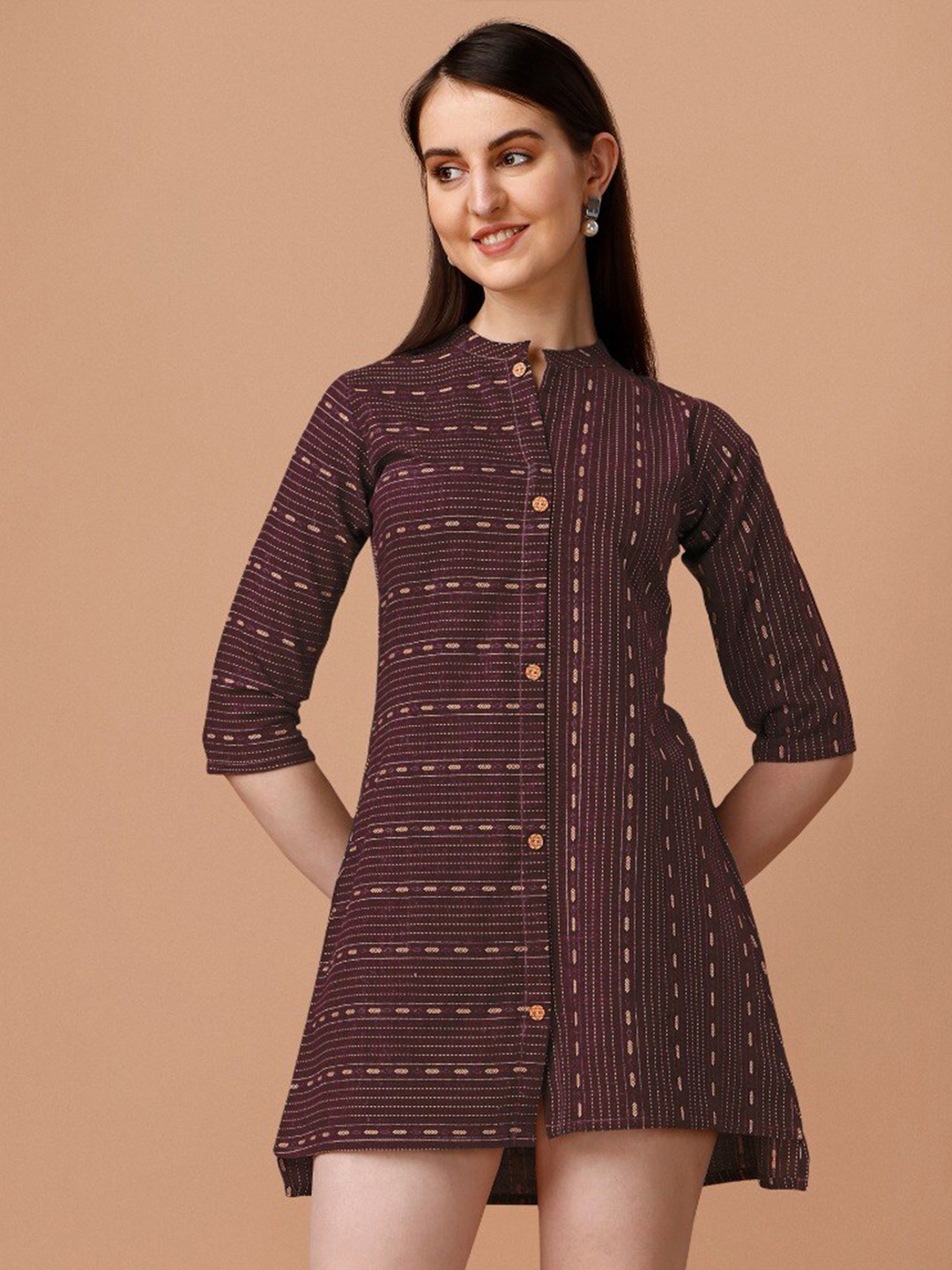 

WILNERCROWN Printed Mandarin Collar A-Line Cotton Mini Dress, Maroon