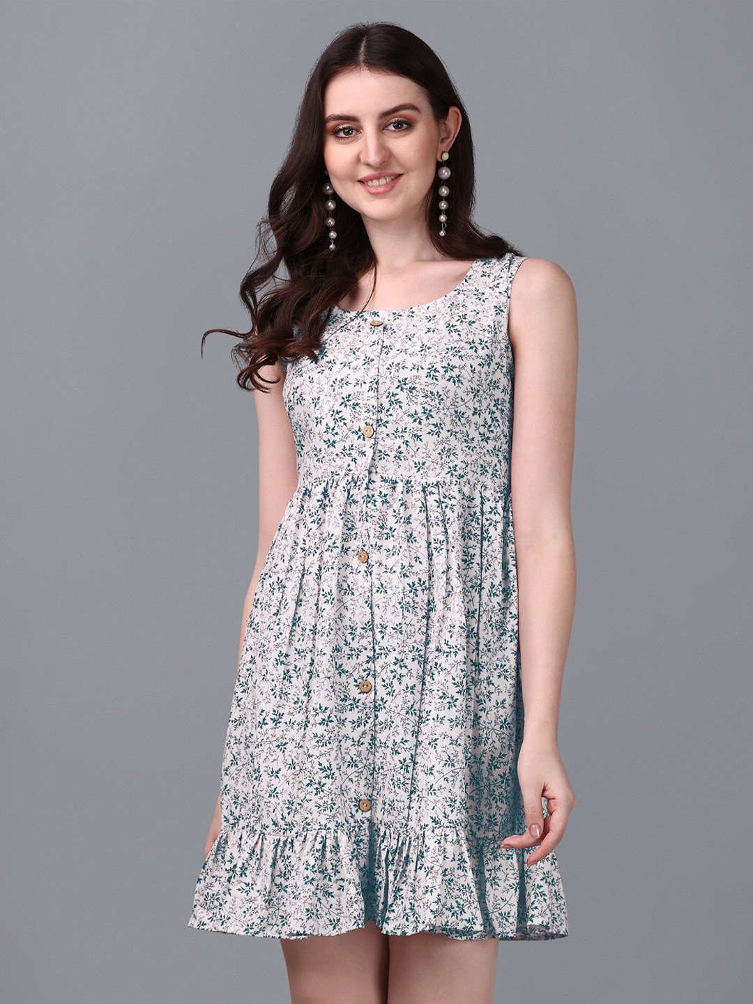 

WILNERCROWN Floral Printed Gathered Cotton Empire Dress, Blue
