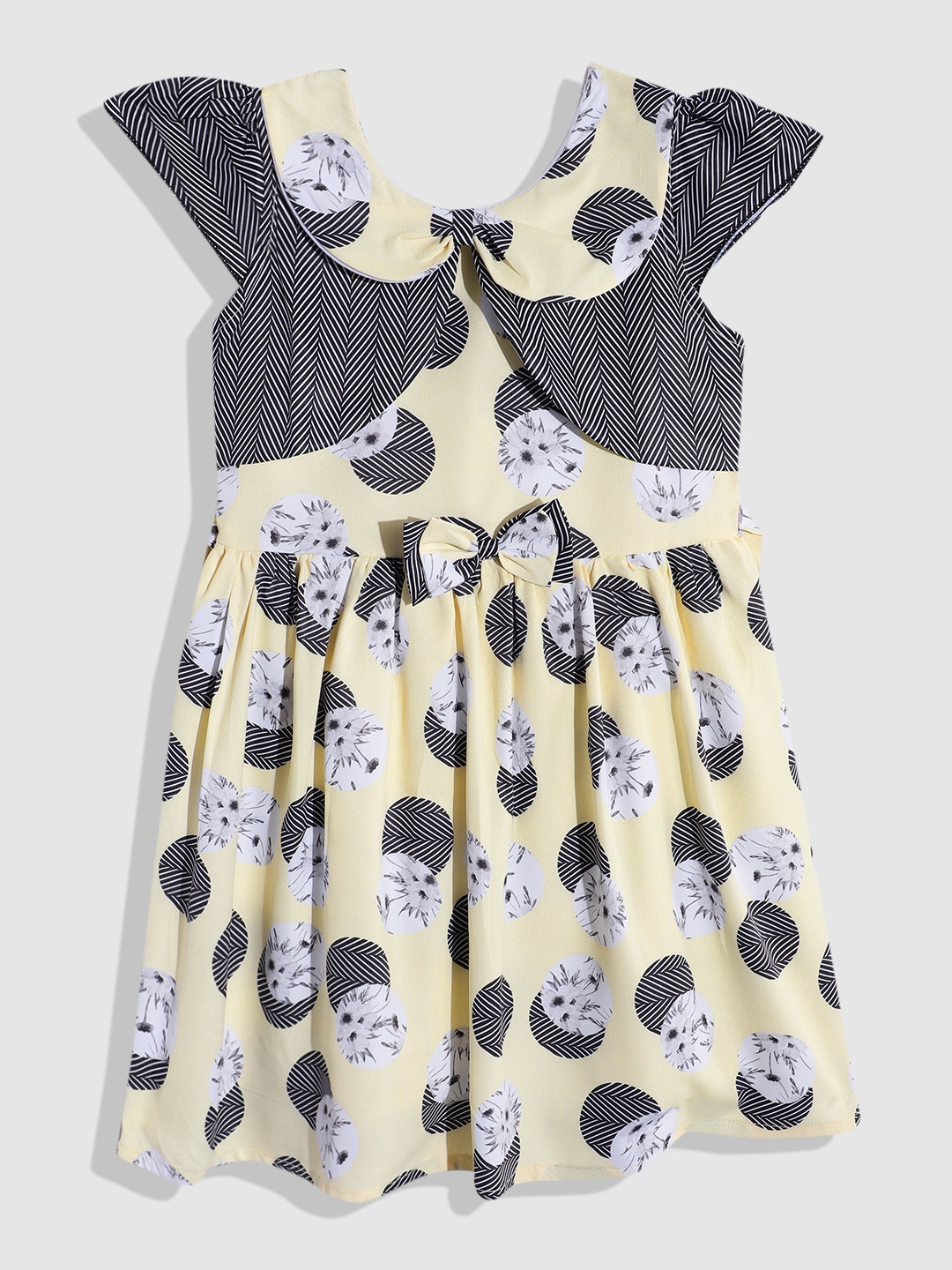 

YK Girls Print Peter Pan Collar A-Line Dress with Bow Detail, Yellow