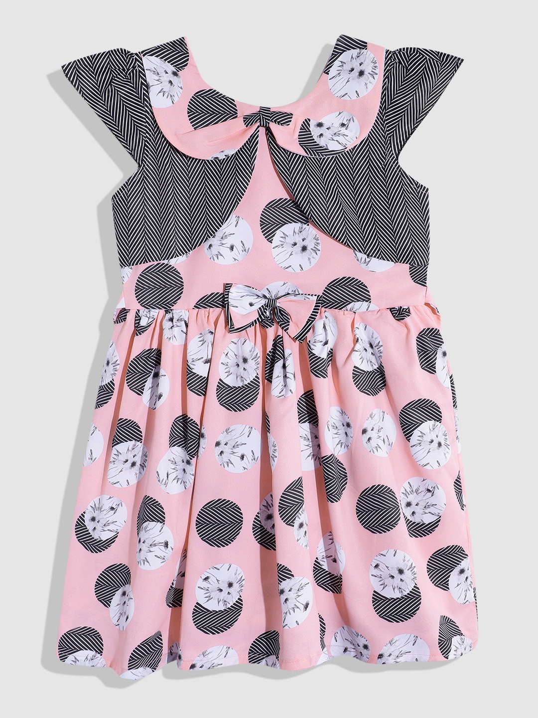 YK Girls Print Peter Pan Collar A-Line Dress with Bow Detail, Peach