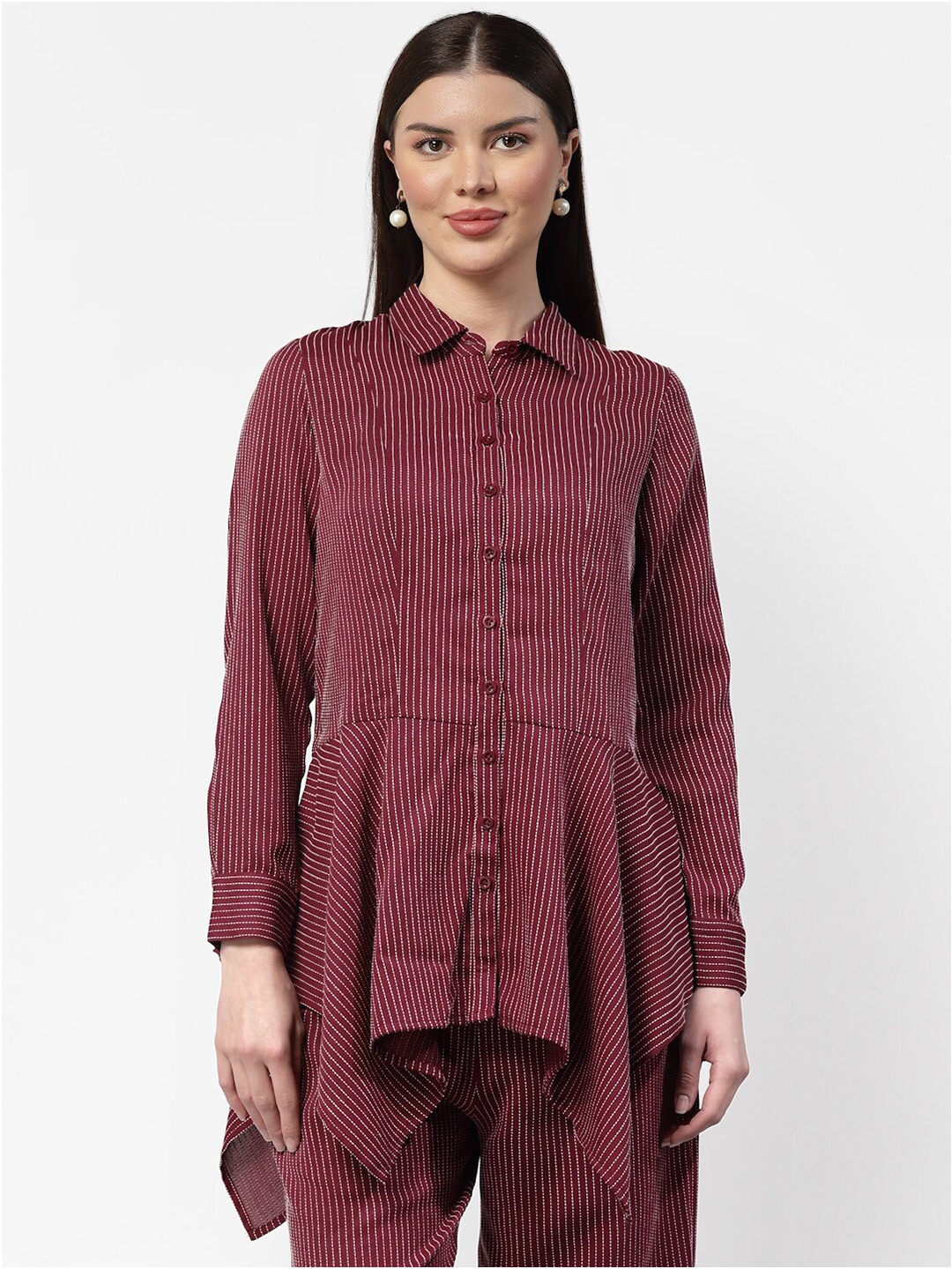 

OFFICE & YOU Vertical Striped Cotton Shirt Style Longline Top, Red