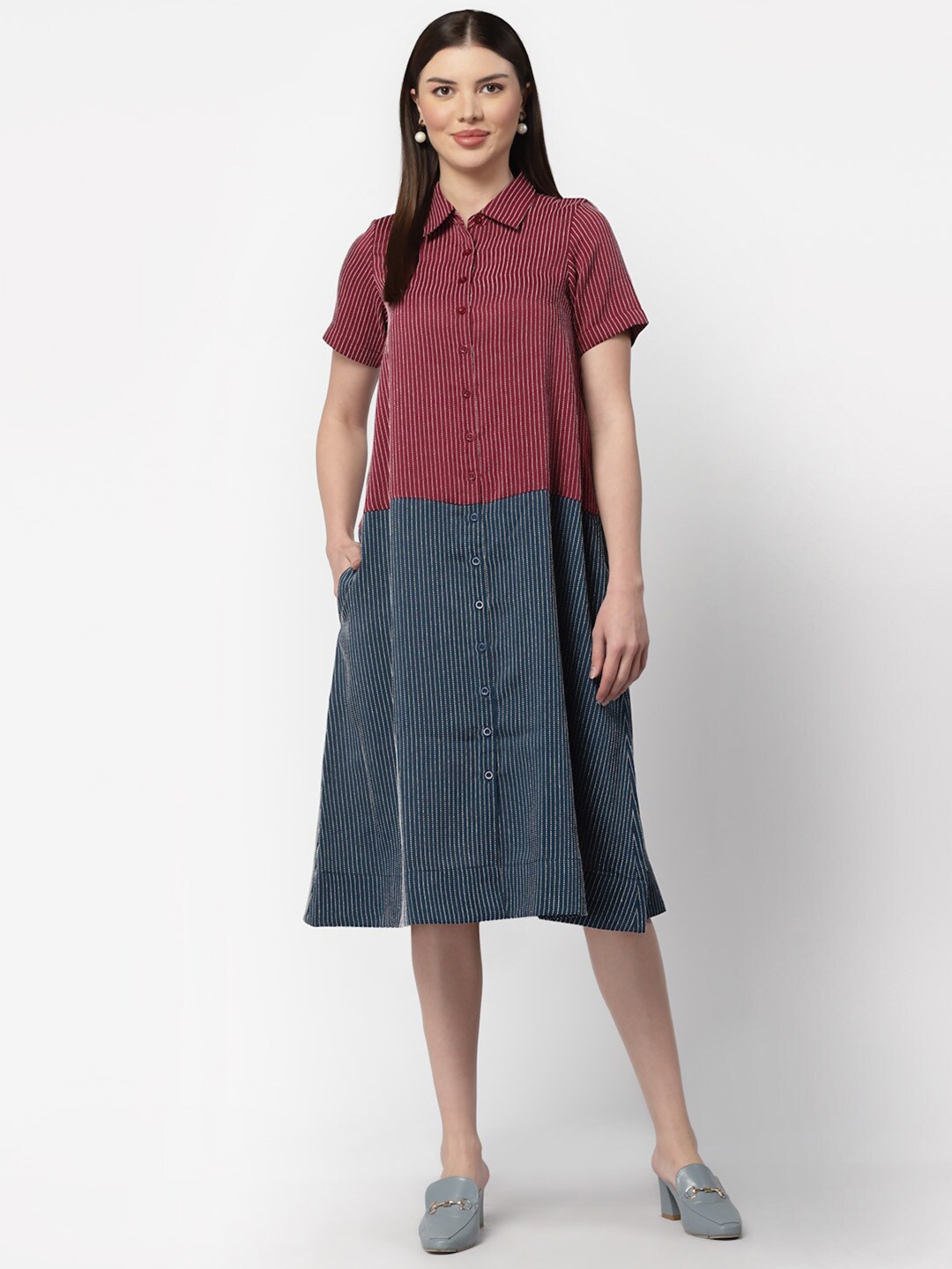 

OFFICE & YOU Colourblocked Cotton Shirt Midi Dress, Pink