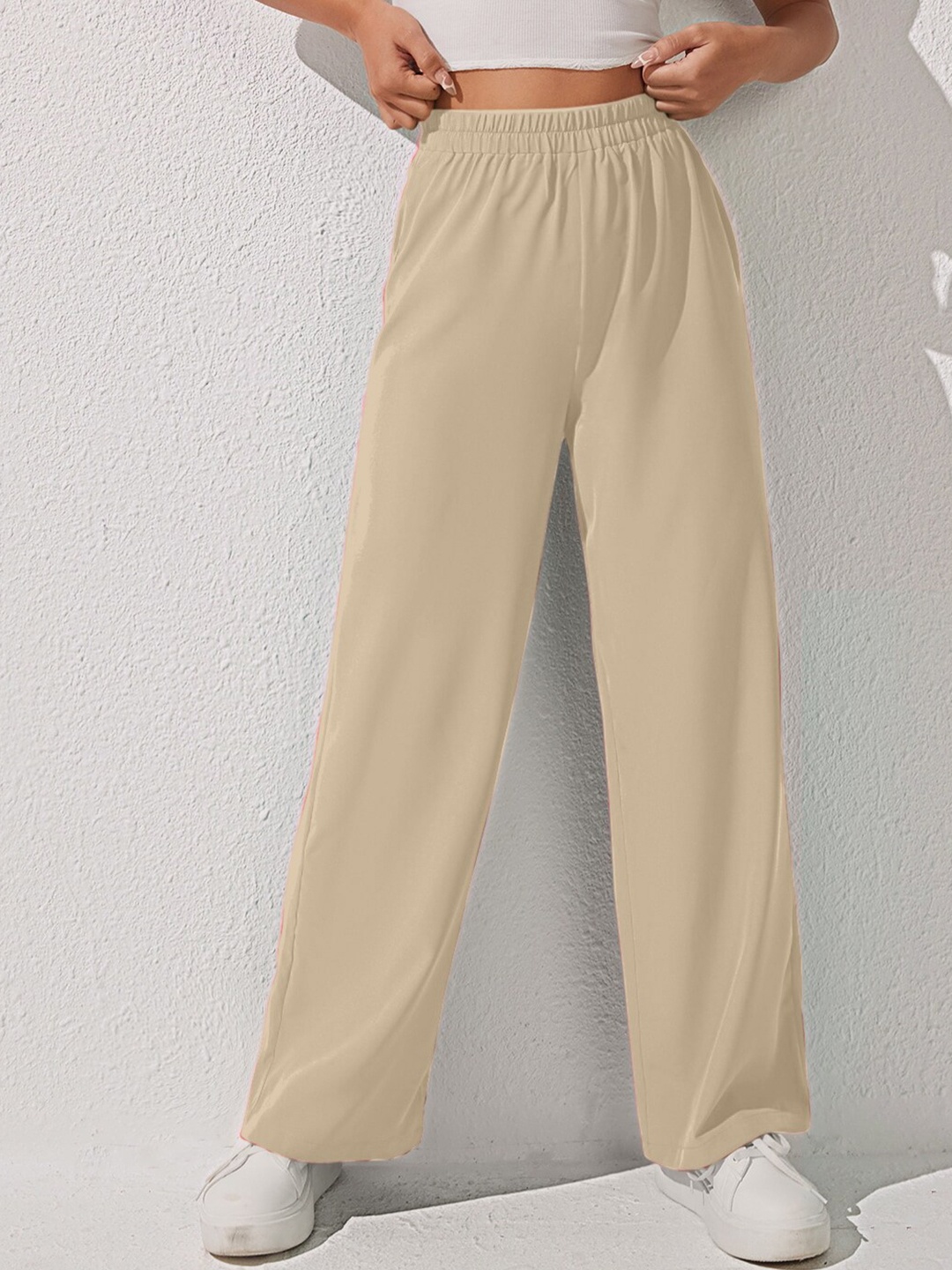 

AAHWAN Women Loose Fit High-Rise Plain Parallel Trousers, Beige