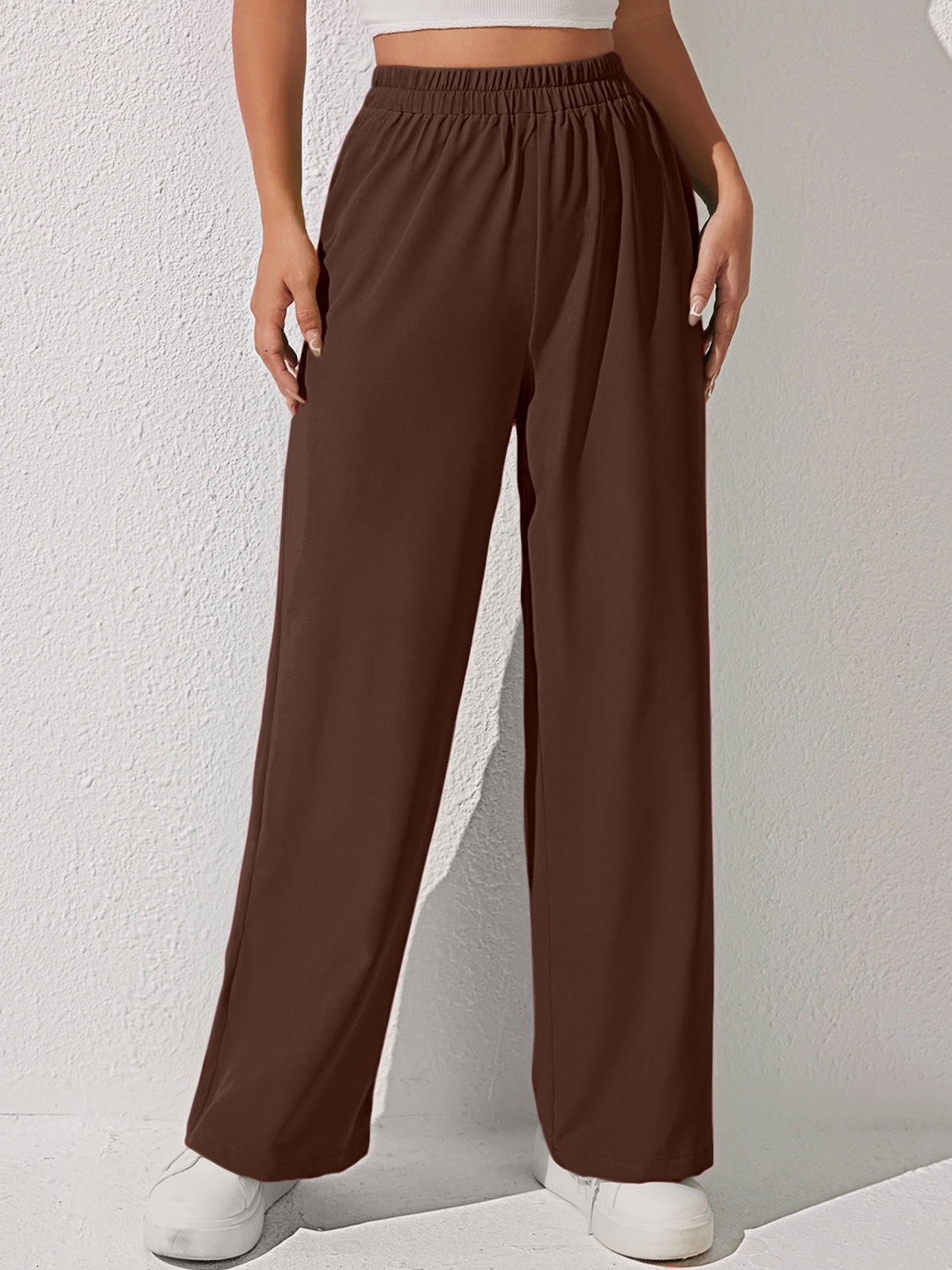 

AAHWAN Women Loose Fit High-Rise Plain Parallel Trousers, Brown