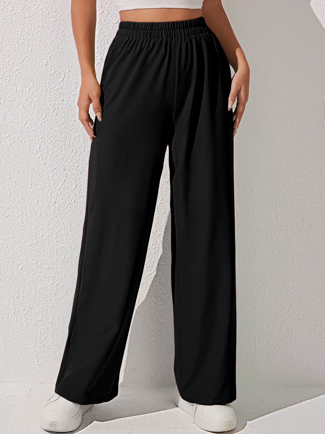 

AAHWAN Women Loose Fit High-Rise Plain Parallel Trousers, Black
