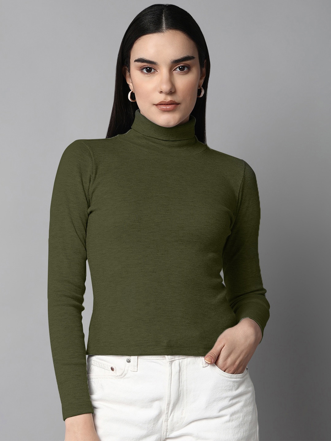 

The Roadster Lifestyle Co. Olive Green High Neck Long Sleeves Top