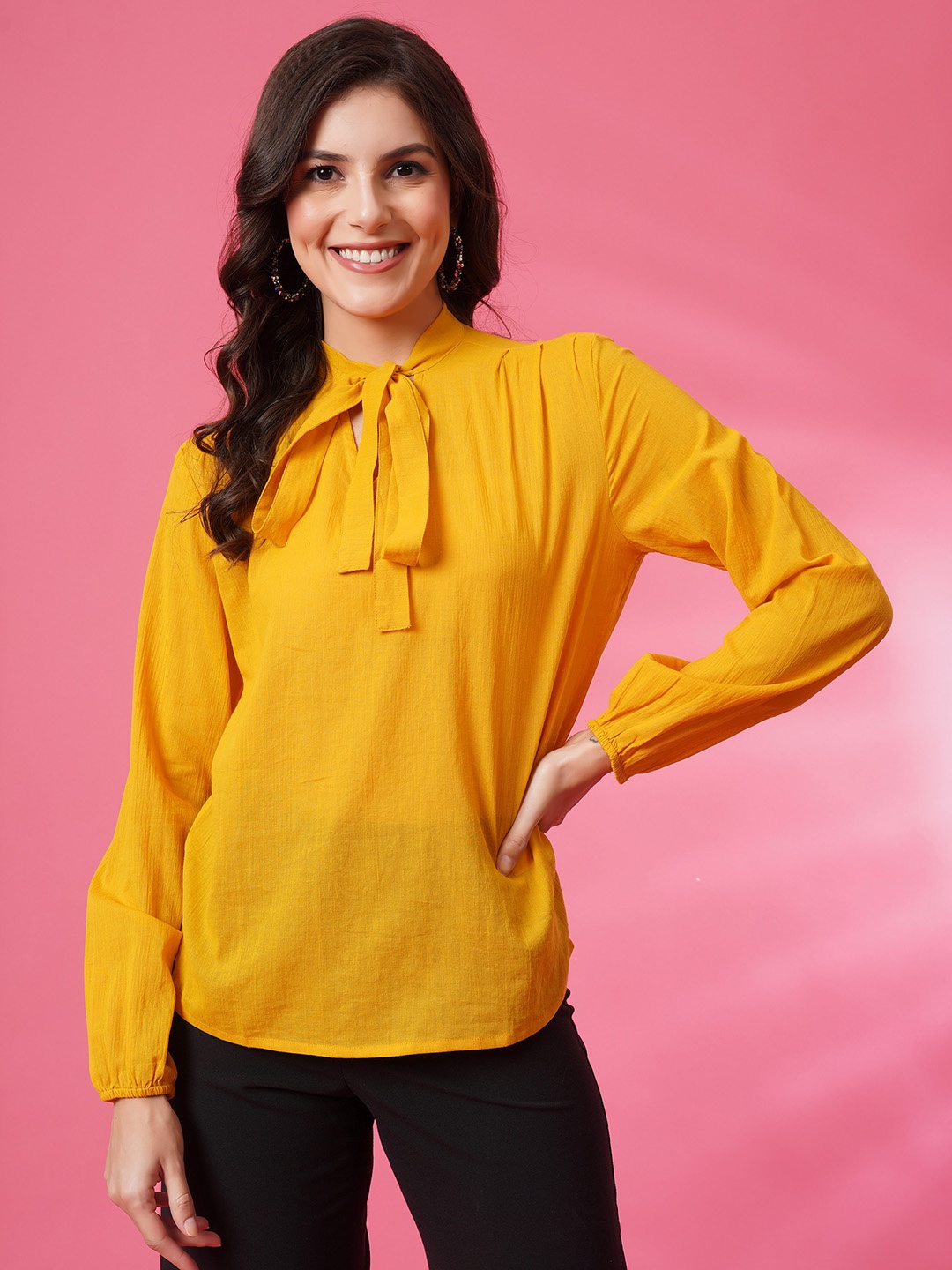 

PANDORNA Tie-Up Neck Cuffed Sleeves Cotton Top, Yellow
