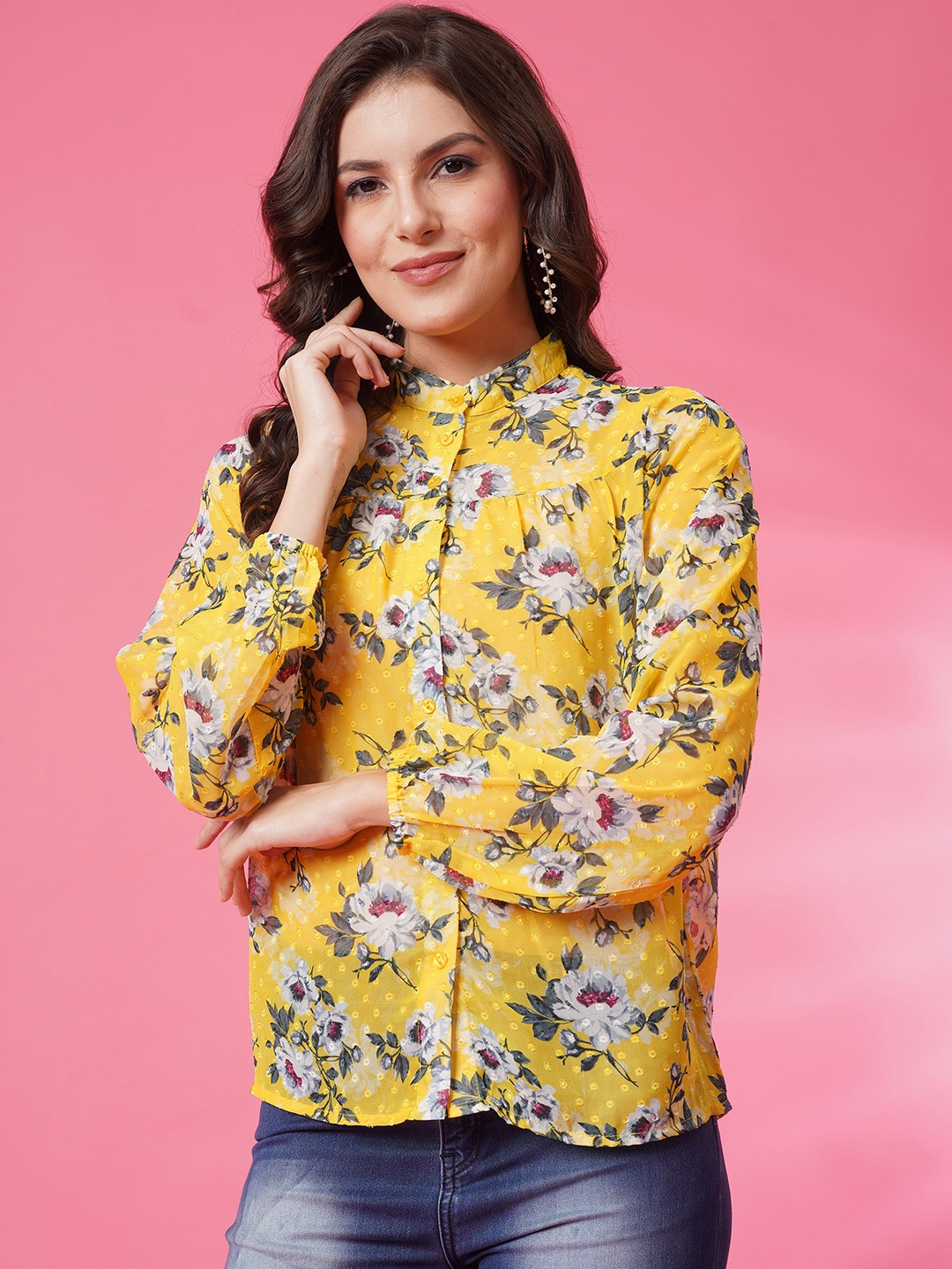 

PANDORNA Floral Printed Band Collar Cuffed Sleeves Gathered Shirt Style Top, Yellow