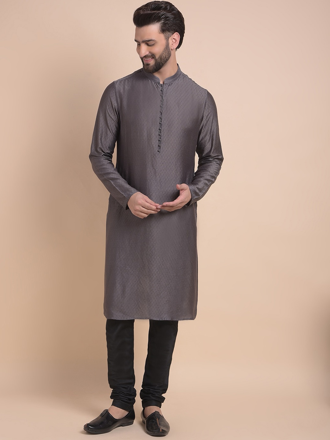 Anouk Mandarin Collar Regular Straight Kurta with Churidar, Black