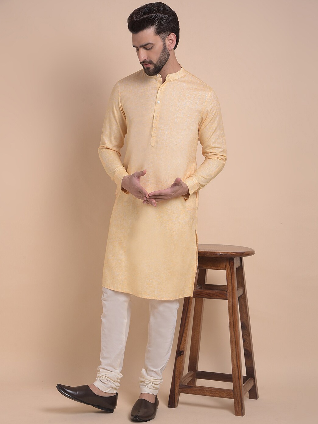 

Anouk Yellow Band Collar Straight Kurta With Churidar