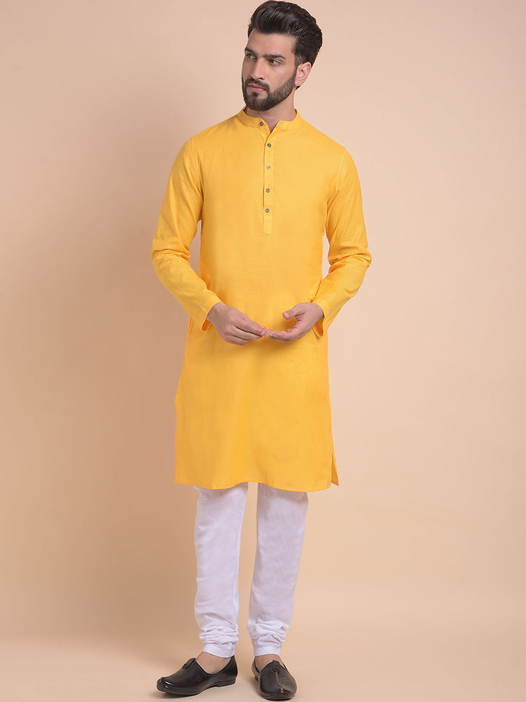 

Anouk Yellow Striped Band Collar Long Sleeves Jacquard Straight Kurta With Churidar
