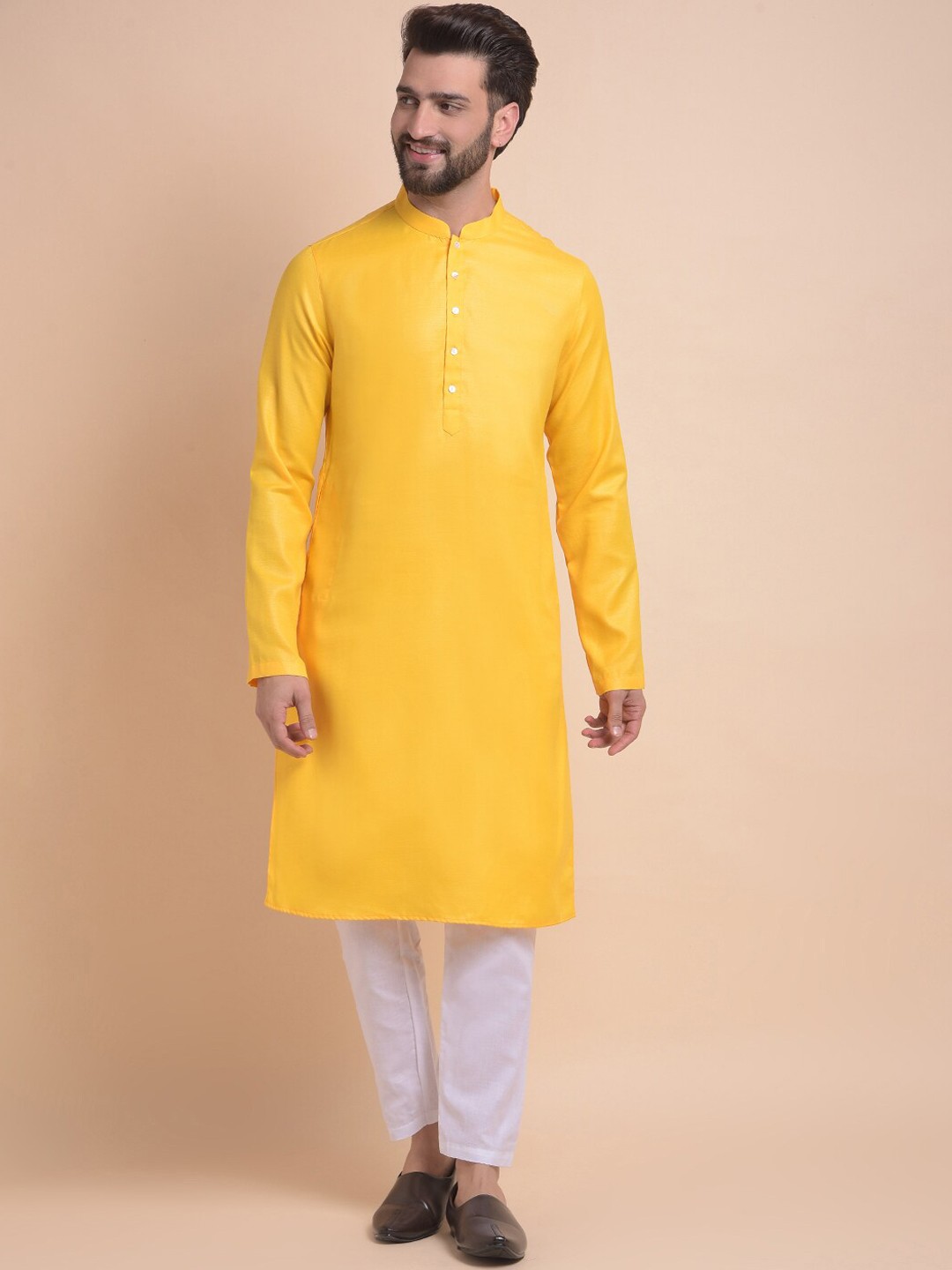 Anouk Yellow Mandarin Collar Long Sleeves Straight Kurta With Pyjama