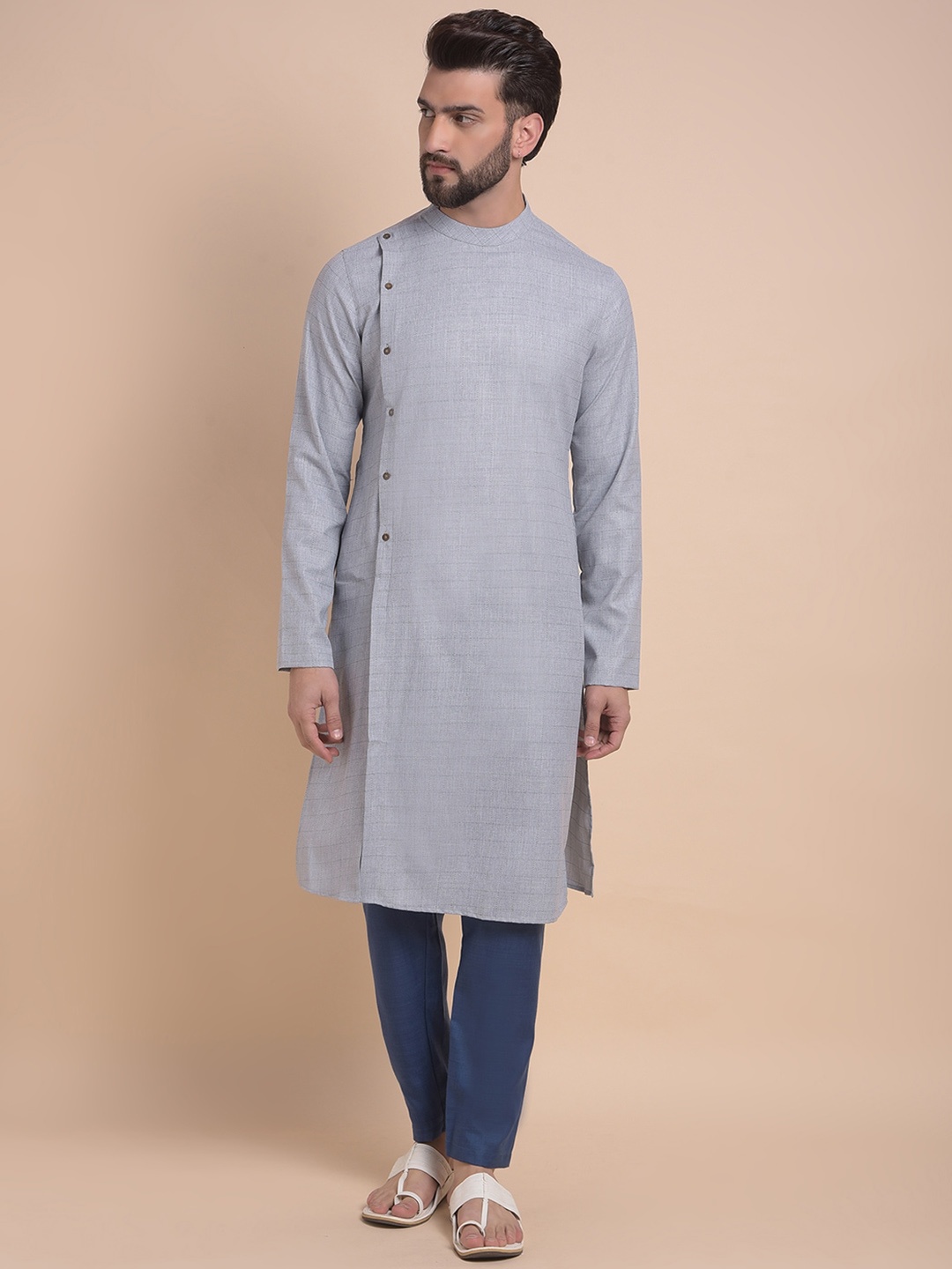 

Anouk Grey Woven Design Checked Round Neck Straight Kurta With Pyjama, Silver