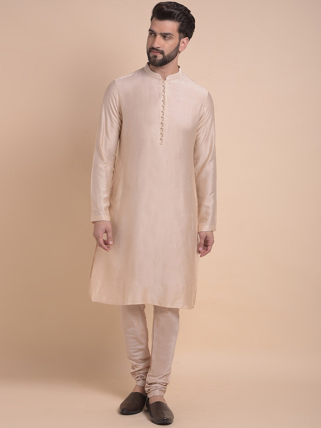 

Anouk Mauve Woven Design Straight Mandarin Collar Kurta With Churidar