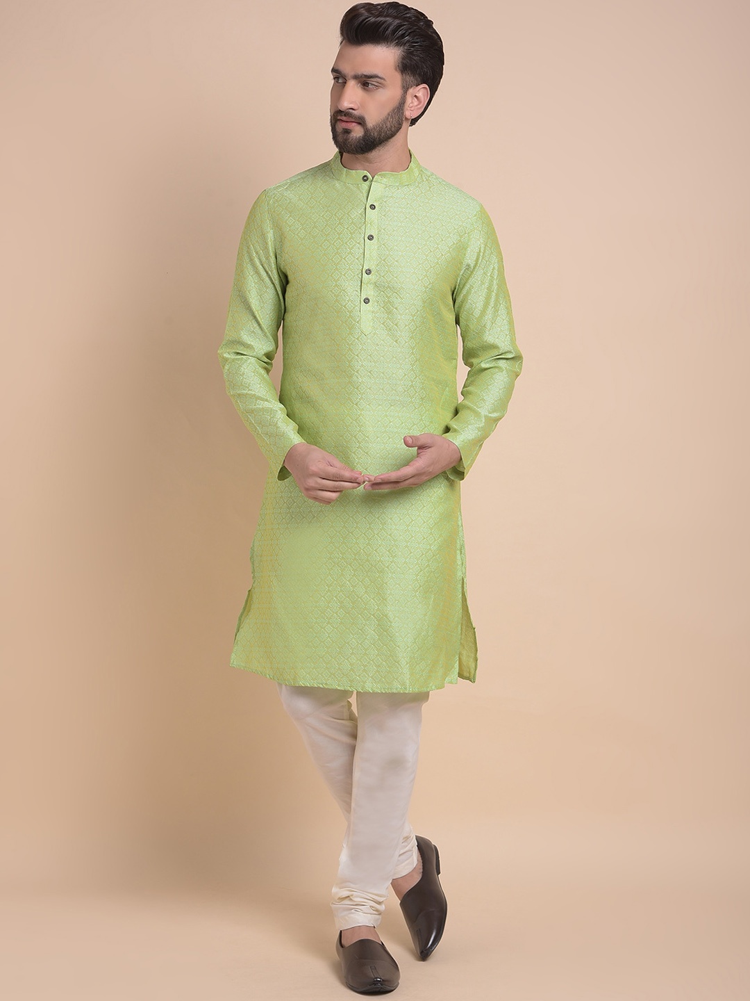 

Anouk Green Ethnic Motifs Woven Design Jacquard Band Collar Straight Kurta with Churidar