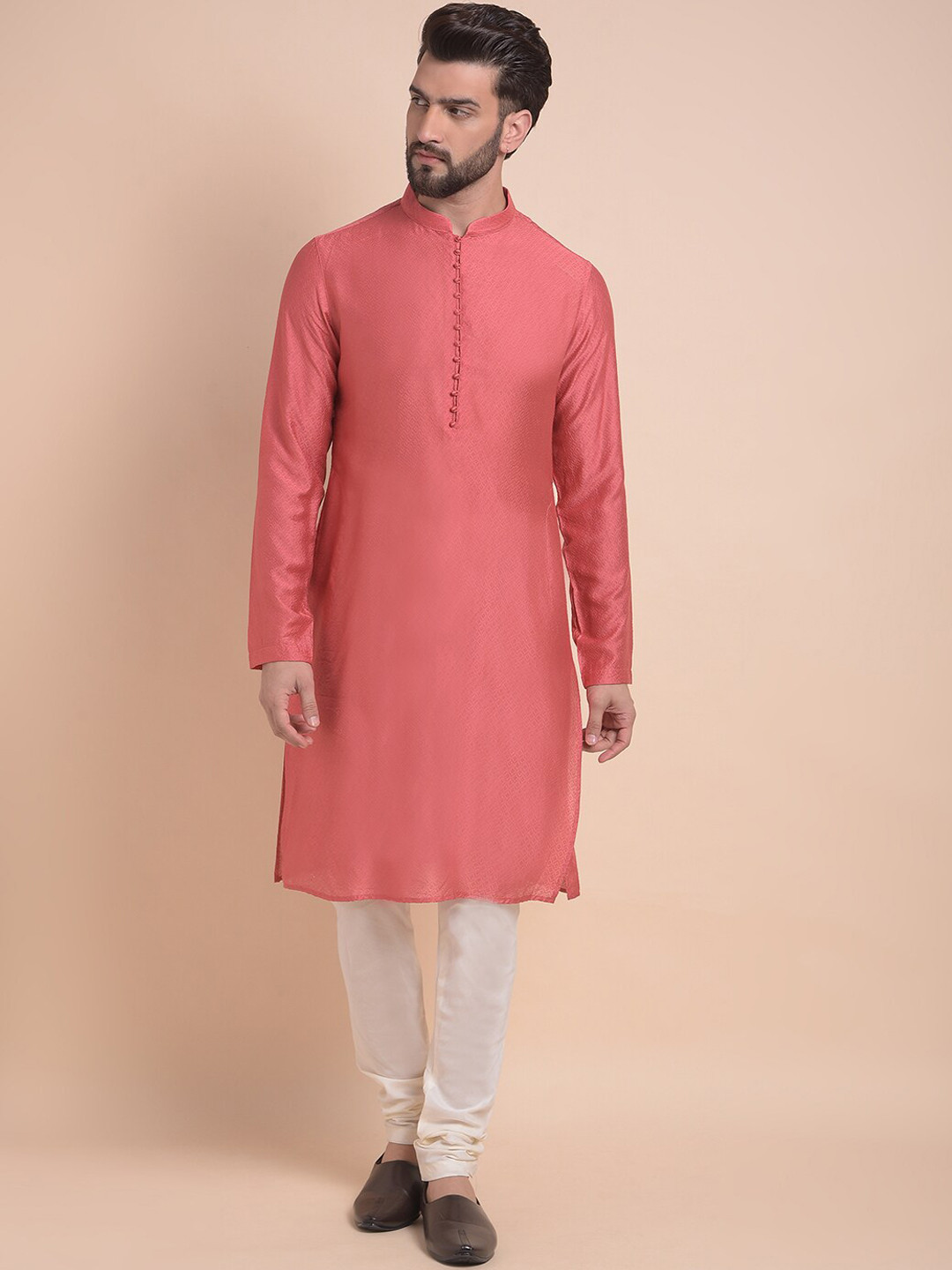 

Anouk Peach Woven Design Mandarin Collar Straight Kurta With Churidar