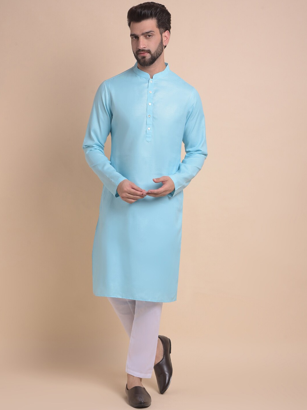 

Anouk Blue Mandarin Collar Long Sleeves Straight Kurta With Pyjama