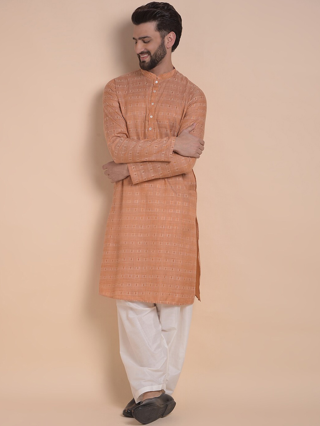 

Anouk Orange Woven Design Jacquard Mandarin Collar Straight Kurta with Churidar