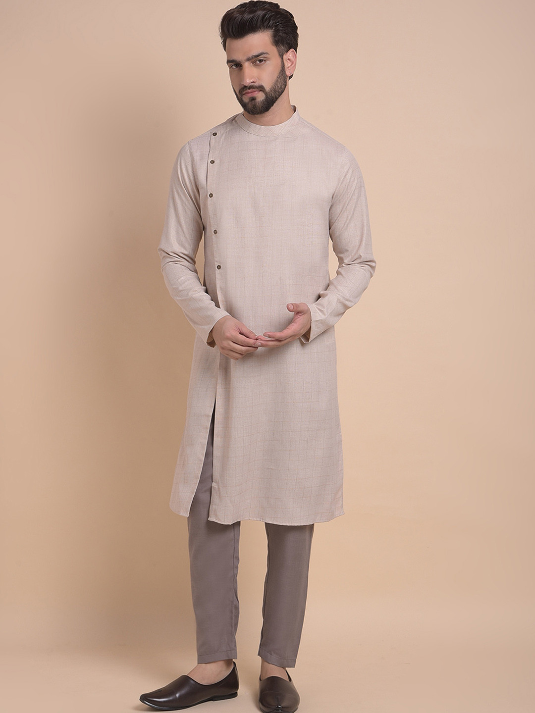 

Anouk Brown Band Collar Angrakha Kurta with Pyjamas
