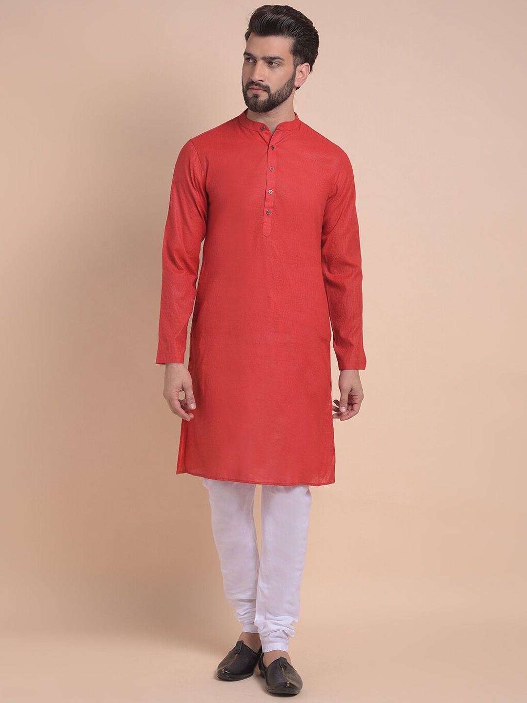 

Anouk Red Band Collar Long Sleeves Jacquard Straight Kurta With Churidar