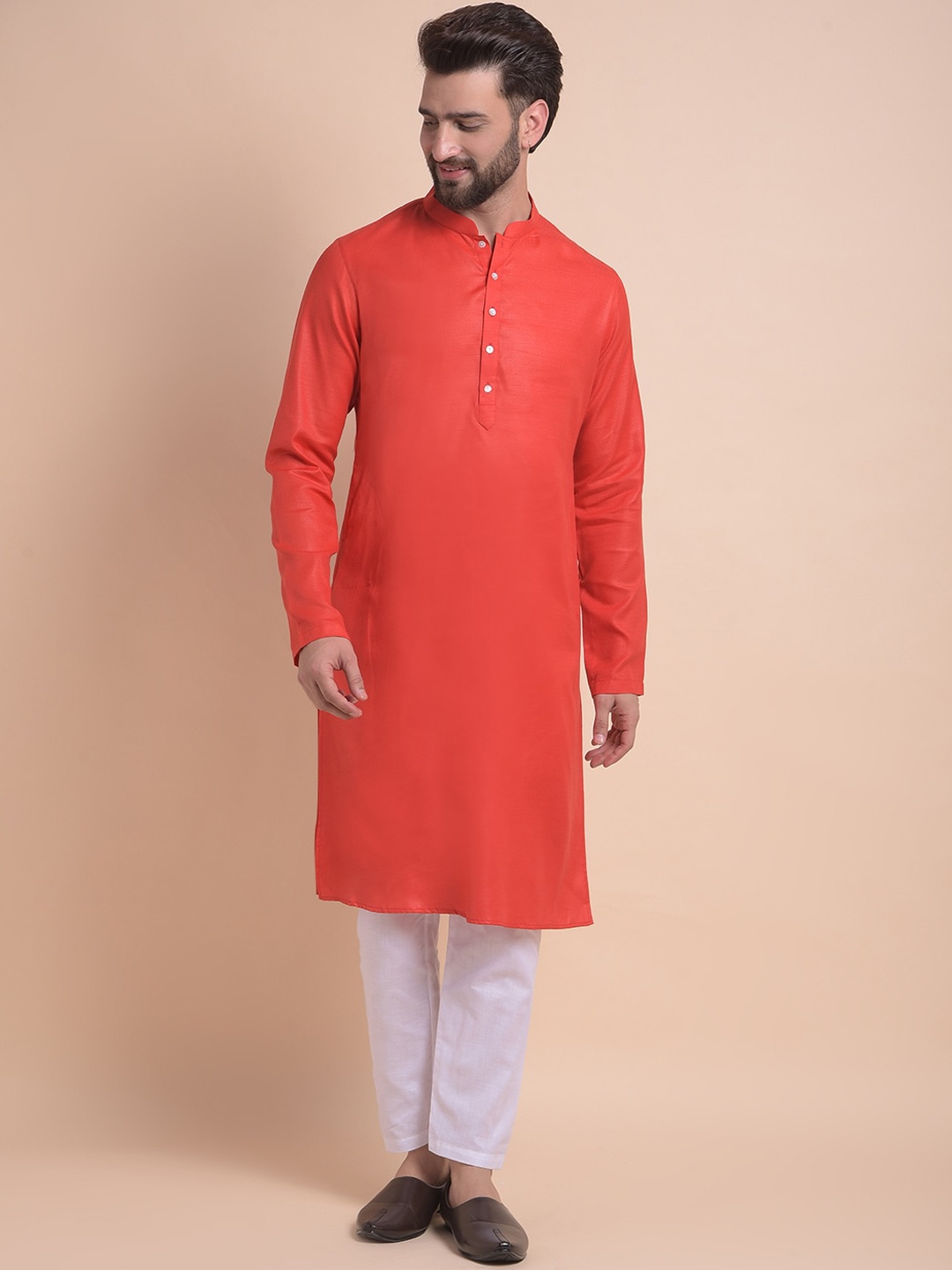 

Anouk Red Mandarin Collar Long Sleeves Straight Kurta With Pyjama