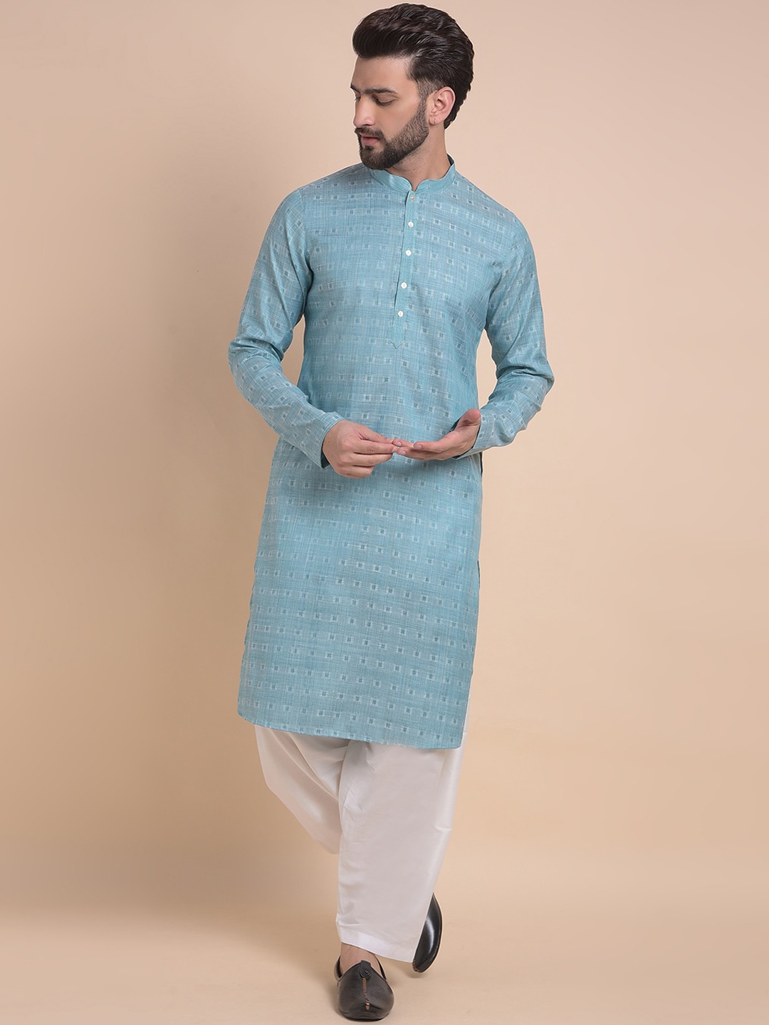 

Anouk Blue Woven Design Jacquard Mandarin Collar Straight Kurta with Churidar