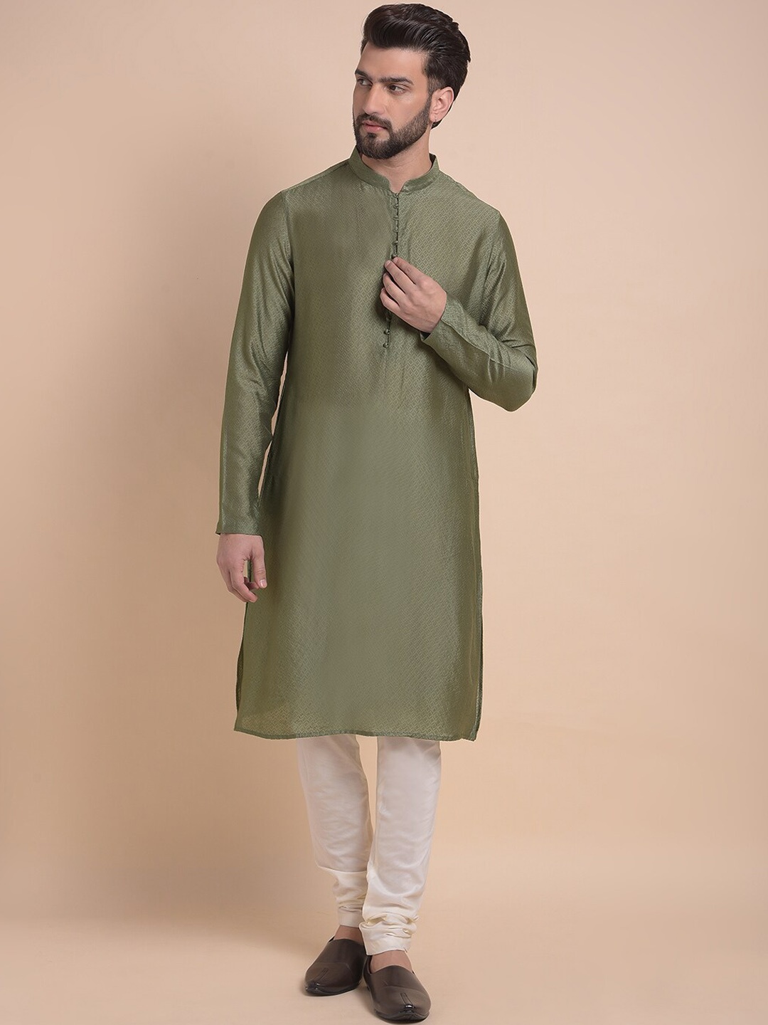 

Anouk Green Ethnic Motifs Self Design Jacquard Straight Kurta with Churidar