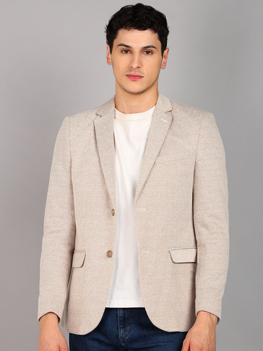 

Mast & Harbour Khaki Self-Design Notched Lapel Slim-Fit Single Breasted Casual Blazer