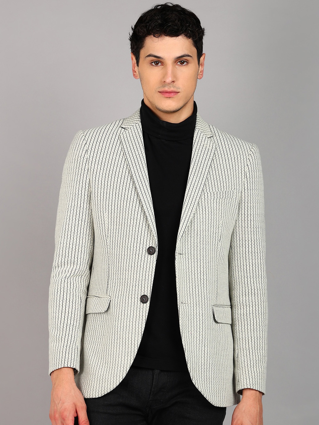 

Mast & Harbour Off White Striped Notched Lapel Slim-Fit Single Breasted Casual Blazer