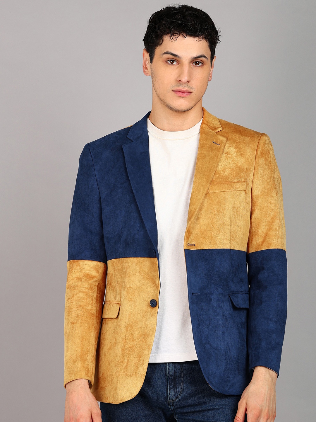 

Mast & Harbour Blue & Mustard Colorblocked Slim-Fit Single Breasted Casual Blazer