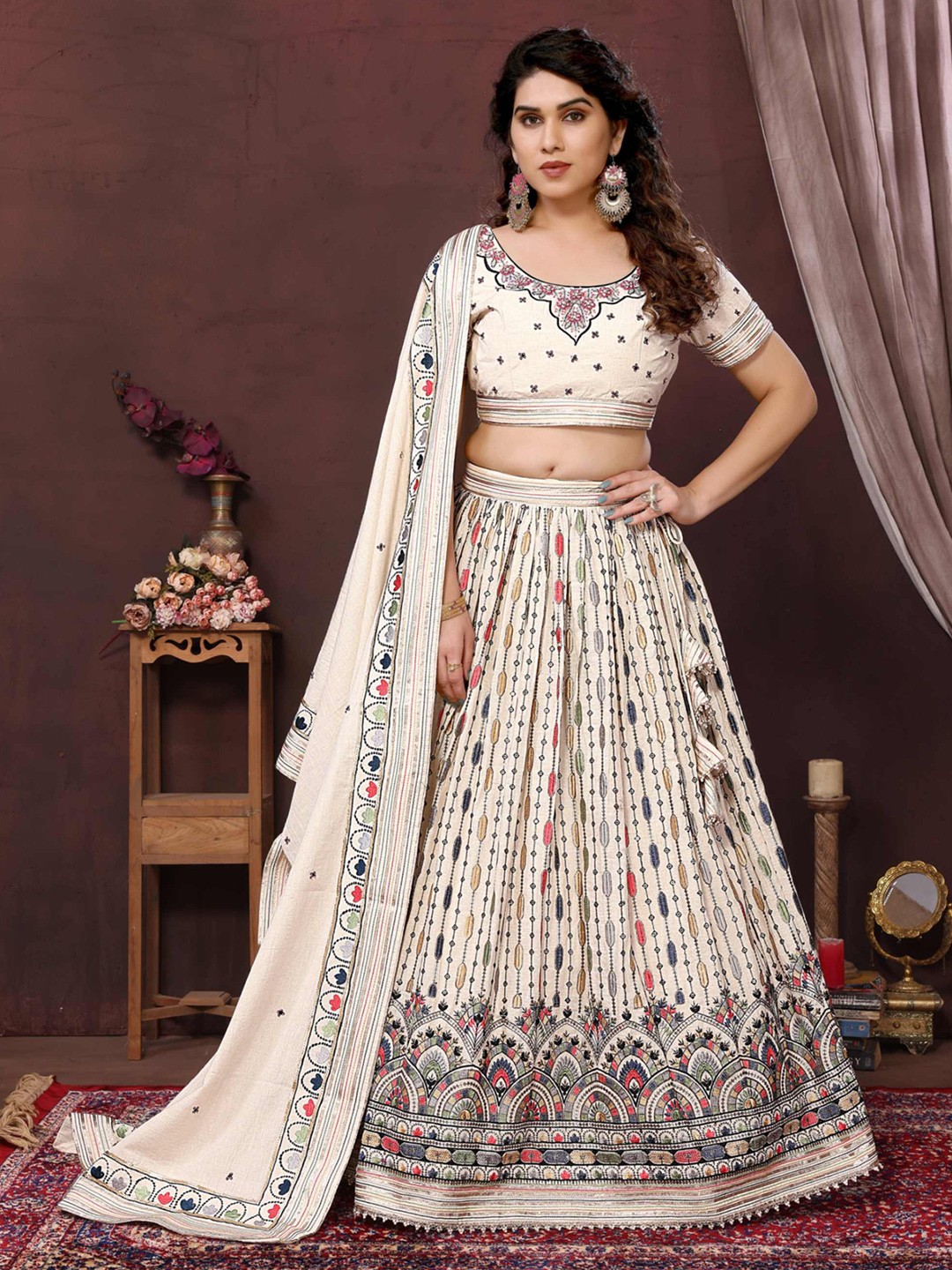 

Titanium Silk Industries Embroidered Ready to Wear Lehenga & Blouse With Dupatta, Beige