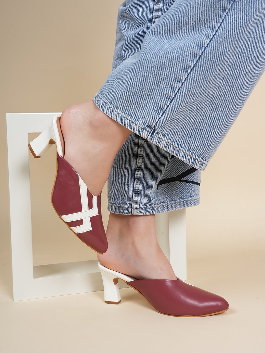 

ZENVO Pointed Toe Block Heeled Mules, Red