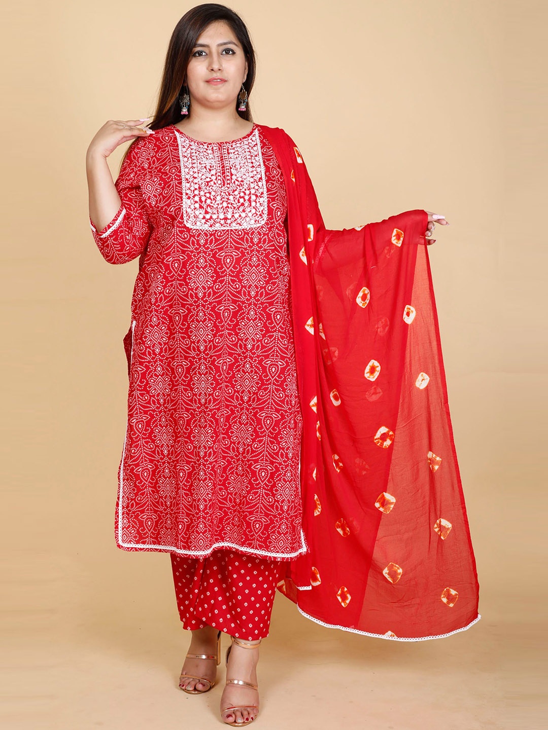 

madam PLUS Ethnic Motifs Embroidered Pure Cotton Kurta with Palazzos & Dupatta, Red