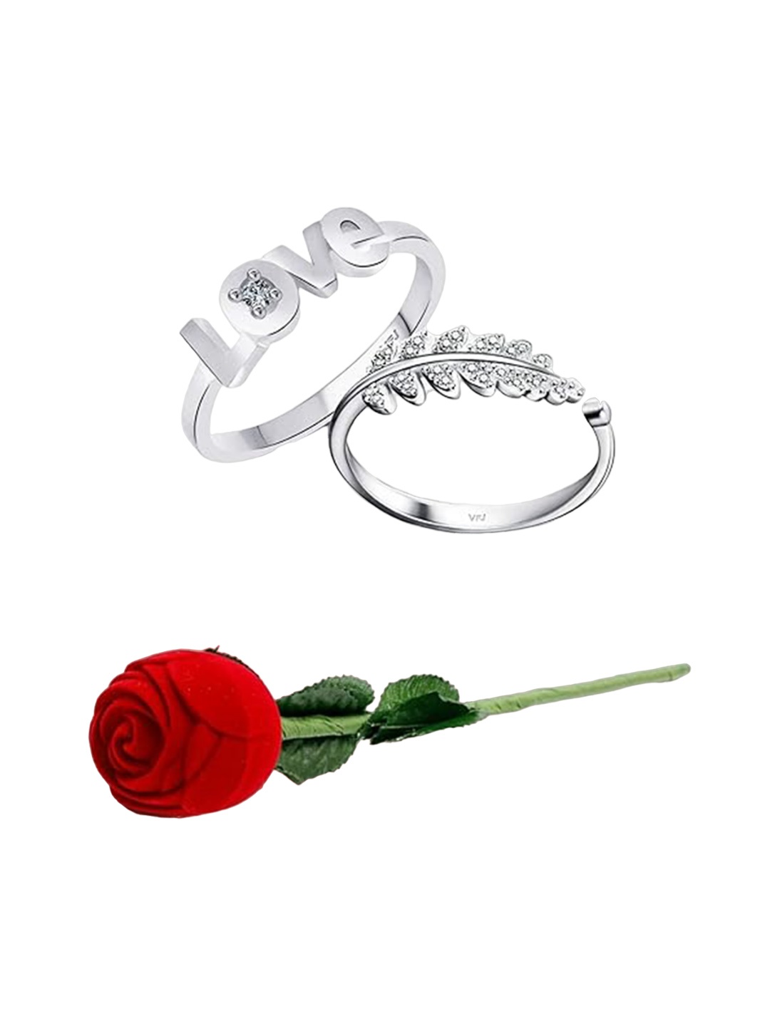 

Vighnaharta Set of 2 Rhodium-Plated CZ Stone Studded Love & Leaf Couple Ring With Rose Box, Silver