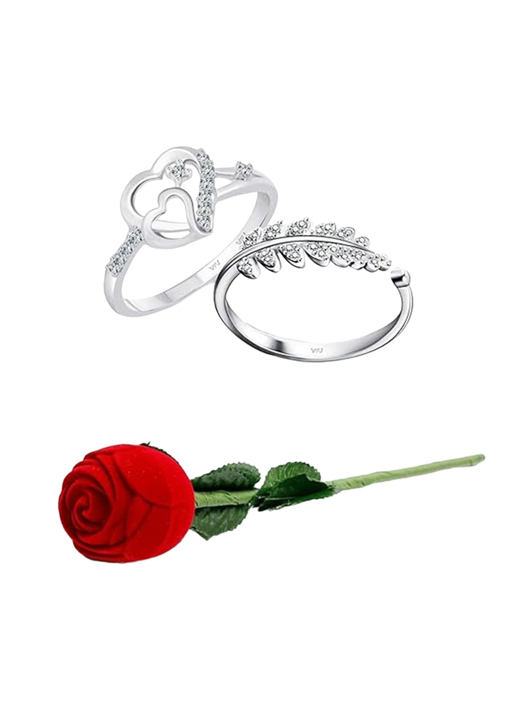 

Vighnaharta Set of 2 Rhodium-Plated Cubic Zirconia Studded Finger Ring With Rose Box, Silver