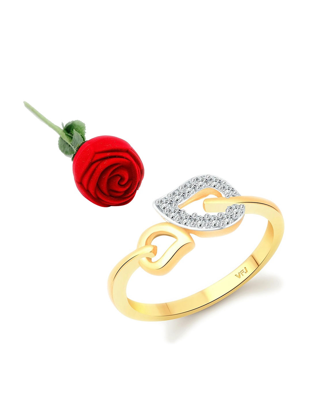 

Vighnaharta Gold-Plated CZ-Stone Studded Finger Ring With Rose Box