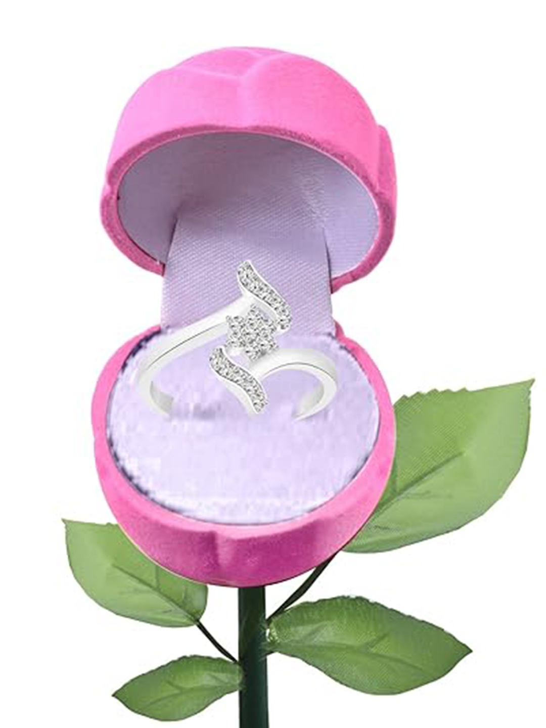 

Vighnaharta Rhodium-Plated CZ-Stone Studded Flower Design Finger Ring With Rose Box, Silver