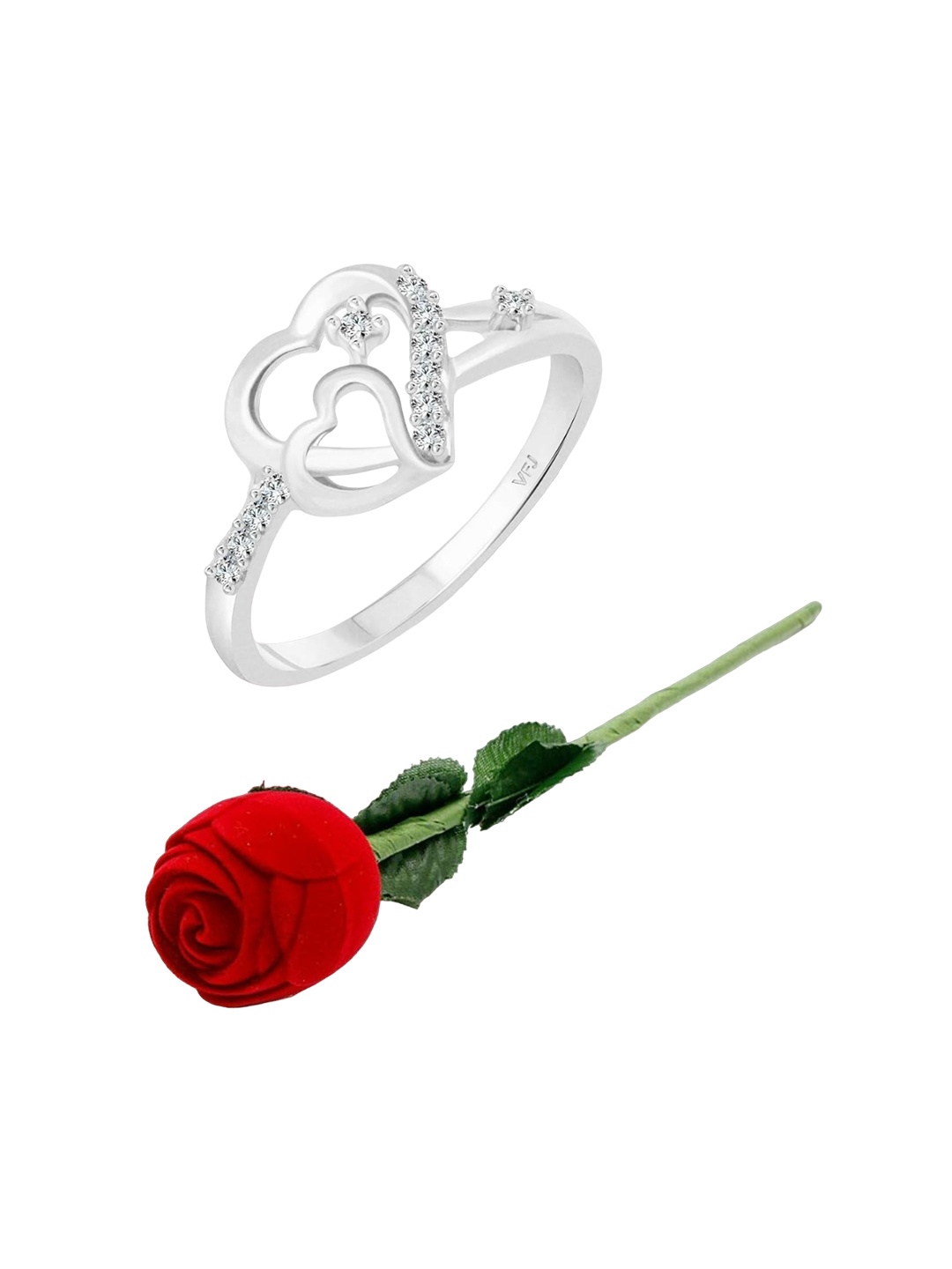 

Vighnaharta Rhodium-Plated CZ-Stone Studded Dual Heart Design Finger Ring With Rose Box, Silver