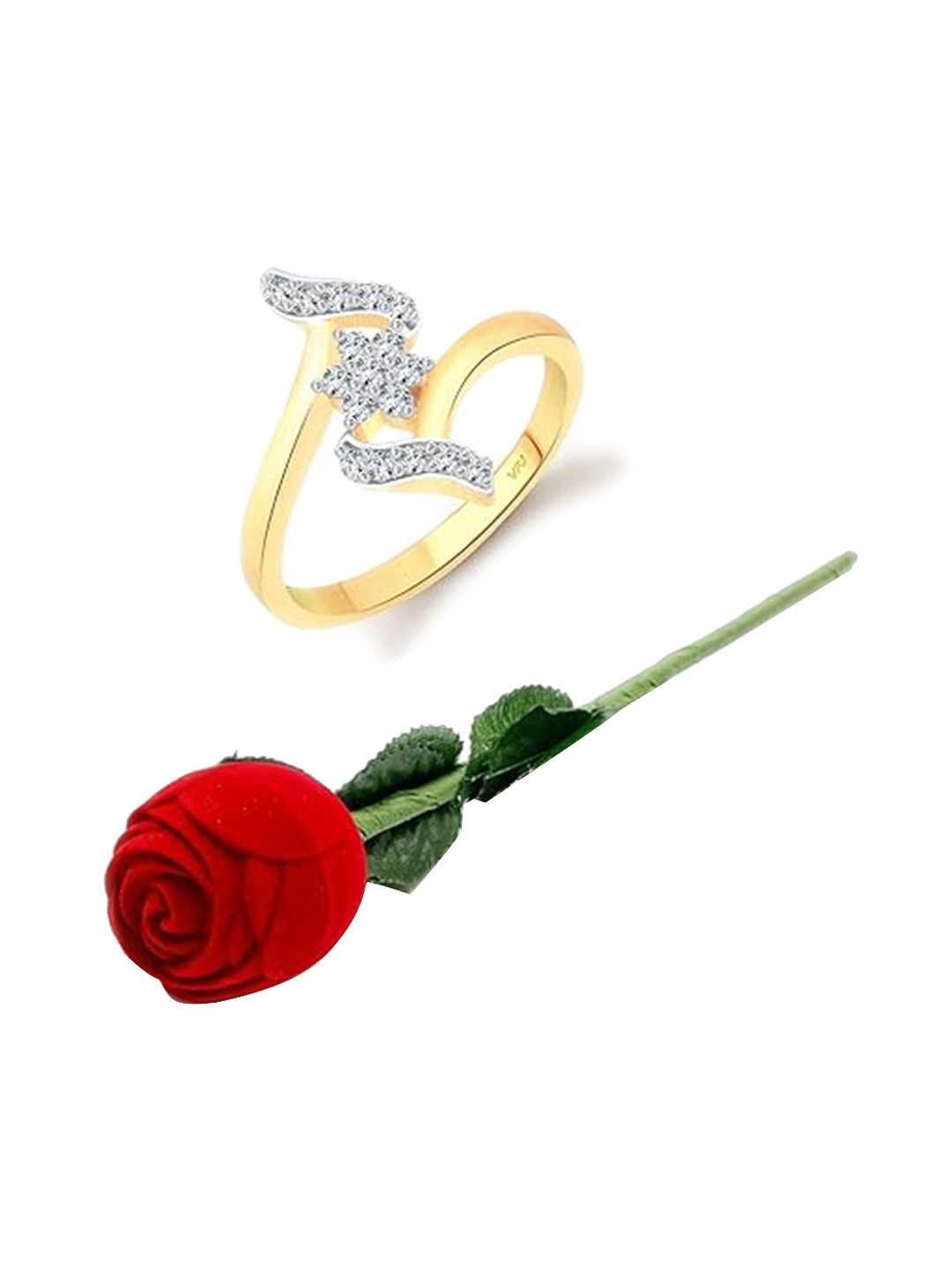 

Vighnaharta Gold-Plated CZ-Stone Studded Flower Design Finger Ring With Rose Box