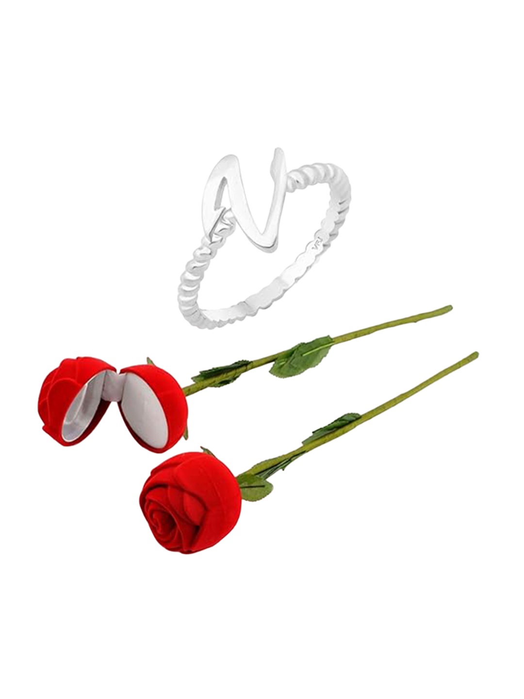 

Vighnaharta Rhodium-Plated Cubic Zirconia V-Letter Finger Ring With Rose Box, Silver