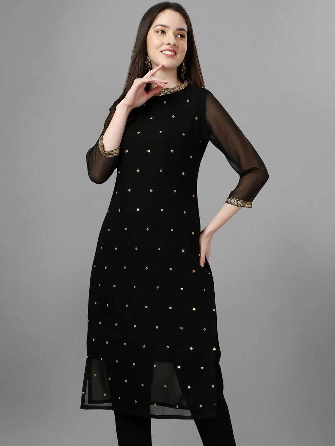 

GORGONE Sequinned Embellished Georgette Straight Kurta, Black