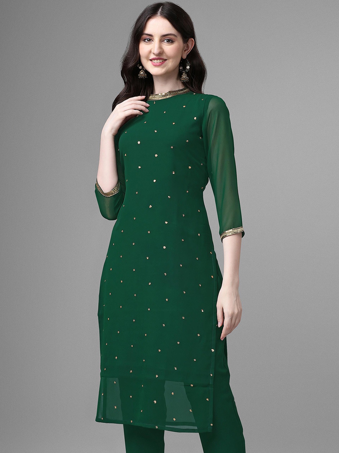 

GORGONE Sequinned Embellished Georgette Straight Kurta, Green