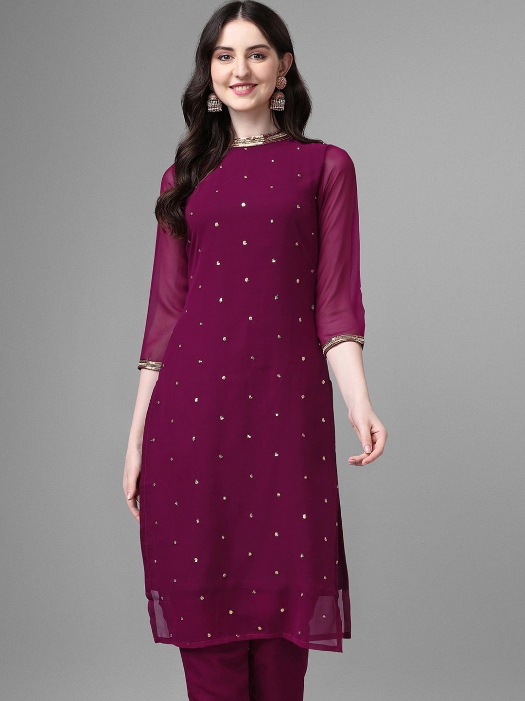 

GORGONE Ethnic Motifs Embroidered Sequins Straight Kurta, Purple