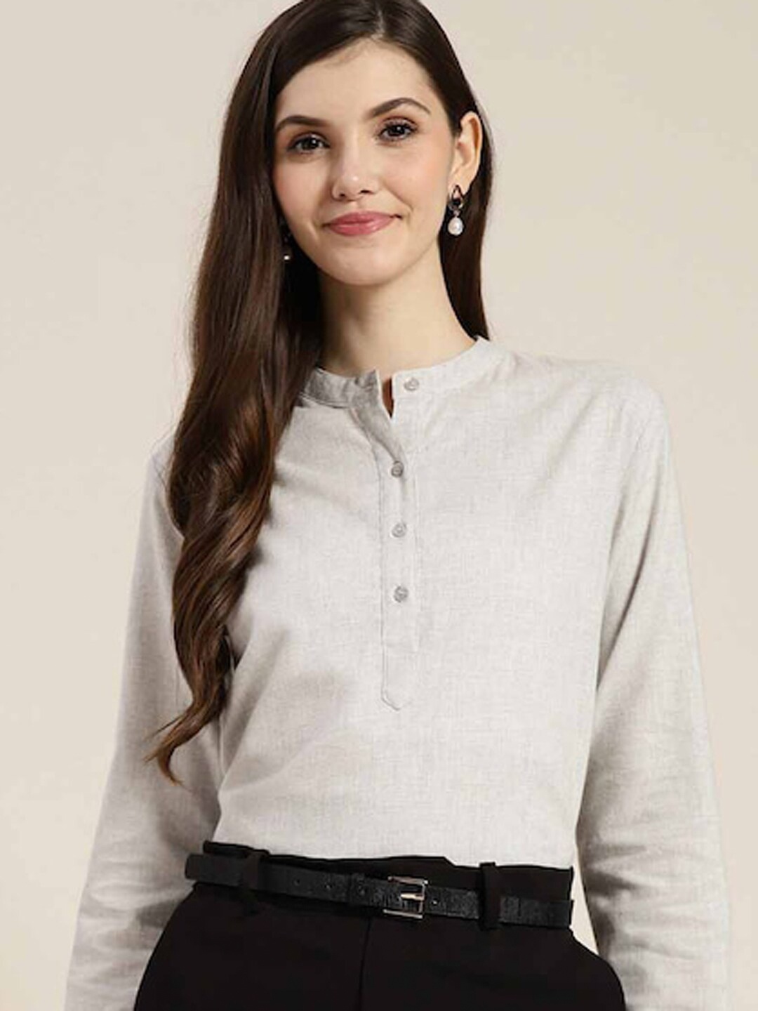 

Hancock Mandarin Collar Pure Cotton Formal Shirt Style Top, Grey
