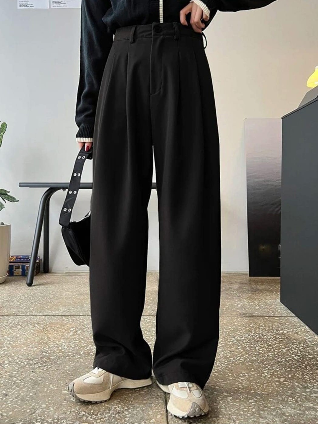 

Next One Women High-Rise Pleated Korean Trousers, Black