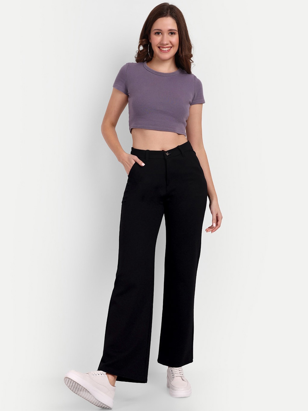 

Next One Women Smart Loose Fit High-Rise Easy Wash Stretchable Parallel Trousers, Black