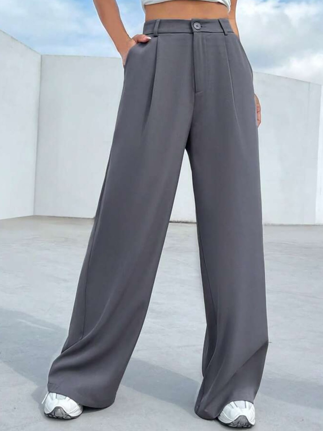 

Next One Women High-Rise Pleated Korean Trousers, Grey